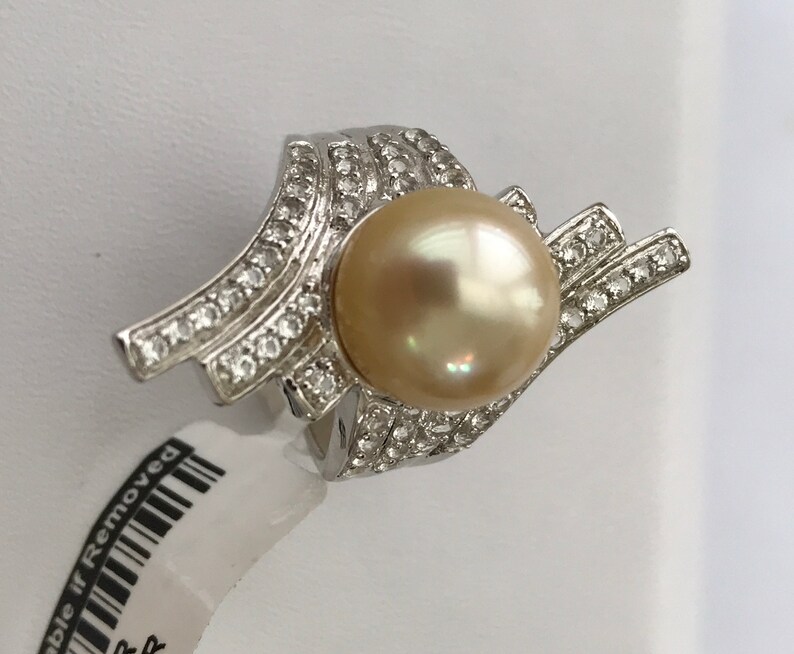 Golden South Sea Cultured Round 11.7mm Pearl Ring with White Topaz /& 925 Silver Rhodium plated