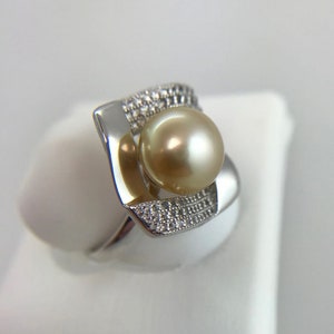 10mm High Luster Golden South Sea Cultured Pearl Ring with White Topaz Accent