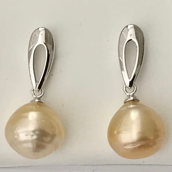 Golden South Sea Cultured Pearls Baroque 11mm, 925 Silver(2.6gr) Rhodium Plated Earrings