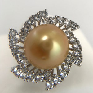 13mm Golden South Sea Cultured Pearl Ring with White Topaz Accent