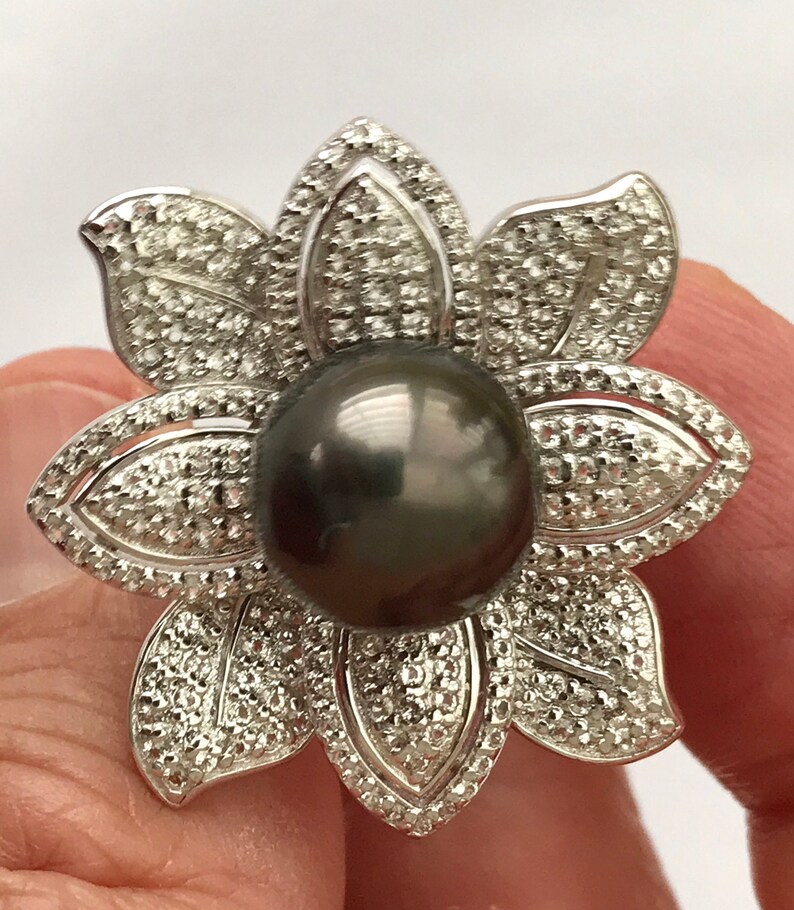 Cultured Tahitian Pearl Ring Floral 12mm Round Natural Colored