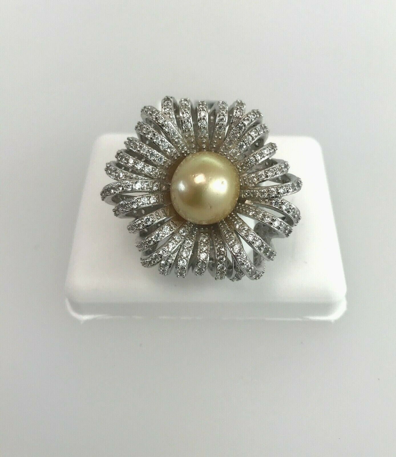 Golden South Sea Cultured Pearl 11mm Natural Color Ring with White Zircon & 925 Silver Rhodium Plated