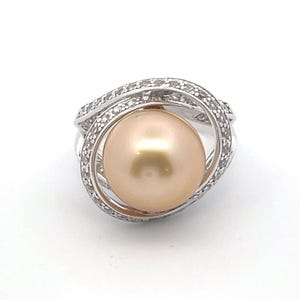 Lovely 11mm Golden South Sea Cultured Pearl Ring with White Topaz accent