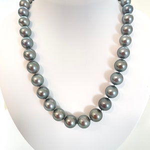 Blue Silver very clean Natural Color Tahitian Cultured Pearl 10-13mm Round Necklace with 14K White Gold Clasp