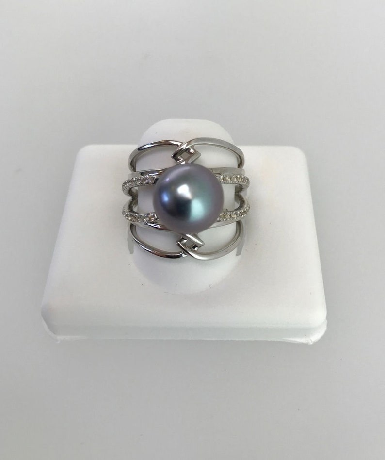 9mm Tahitian Cultured Pearl Ring w White Zircon