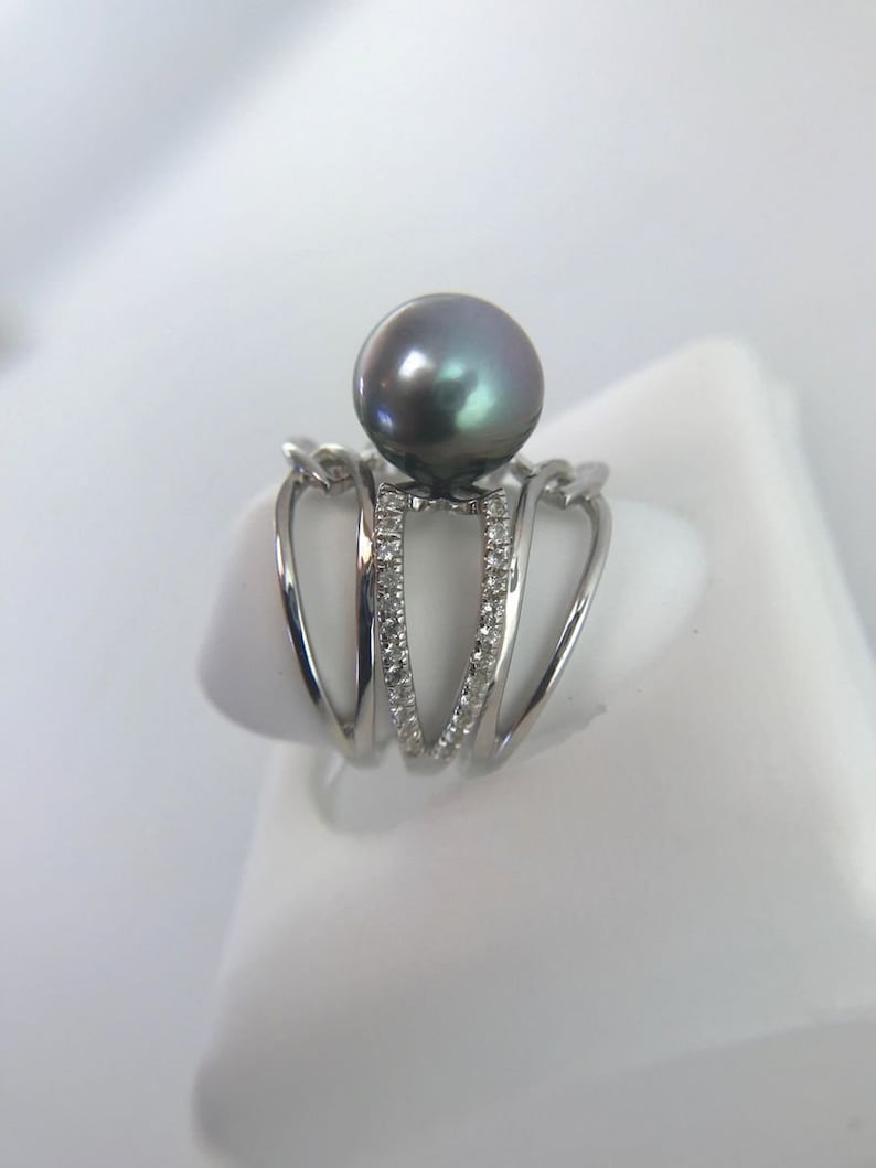 9mm Tahitian Cultured Pearl Ring w White Zircon