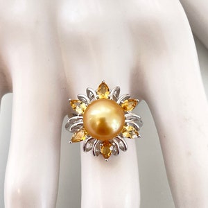 Sunburst Style Golden South Sea Cultured 10.2mm Pearl & Citrine Ring
