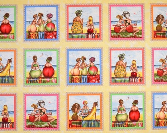 0,6 m Patchworkstoff Fruit Ladies Frauen Panel Bilder Strand Sommer Webware Baumwollstoff