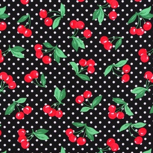 0,5 m Patchworkstoff Cherry Dot Kirschen auf Schwarz Obst Baumwollstoff Webware Stoff