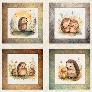 Könnte beinhalten: Vier gerahmte Aquarellillustrationen von Igeln in einem skurrilen Stil. Jede zeigt eine andere Szene mit den Igeln in einer natürlichen Umgebung, umgeben von Pflanzen und Blumen. Die Farbpalette umfasst weiche Braun-, Grün- und Gelbtöne.