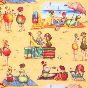 Könnte beinhalten: Eine farbenfrohe Illustration von Frauen am Strand. Die Frauen tragen verschiedene Badeanzüge und genießen die Sonne und den Sand. Einige sitzen auf Handtüchern, während andere stehen oder gehen. Im Hintergrund sind Palmen und ein Sonnenschirm zu sehen.
