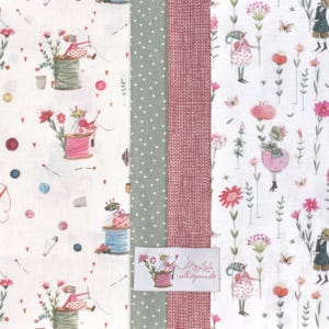 Könnte beinhalten: Vier Stoffmuster mit weißem Hintergrund und verschiedenen Mustern. Das erste Muster zeigt ein sich wiederholendes Muster von Feen, die auf Garnrollen mit Blumen und Nähzubehör nähen. Das zweite Muster hat ein sich wiederholendes Muster aus kleinen weißen Punkten auf grünem Hintergrund. Das dritte Muster hat ein sich wiederholendes Muster aus kleinen roten Punkten auf rosa Hintergrund. Das vierte Muster zeigt ein sich wiederholendes Muster von Feen, die Blumen mit Schmetterlingen und Blumen halten.