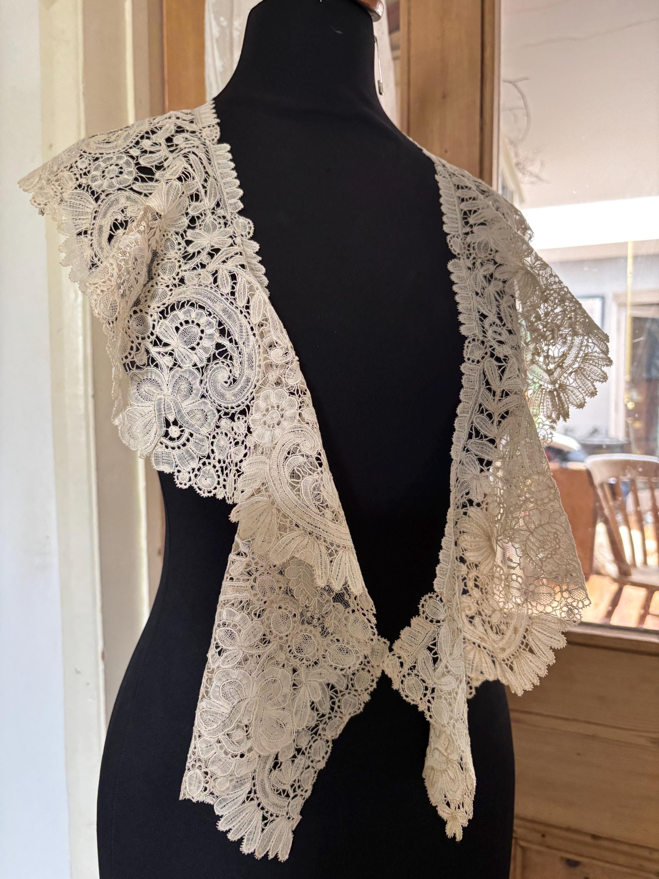 アンティーク繊細なブリュッセル デュセスレース ロングラペット付け襟 ショール Huge Antique Brussels lace collar - Etsy 日本