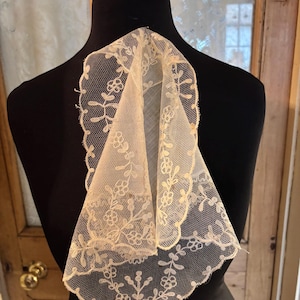 Embroidered Tambour Lace edged antique handkerchief.