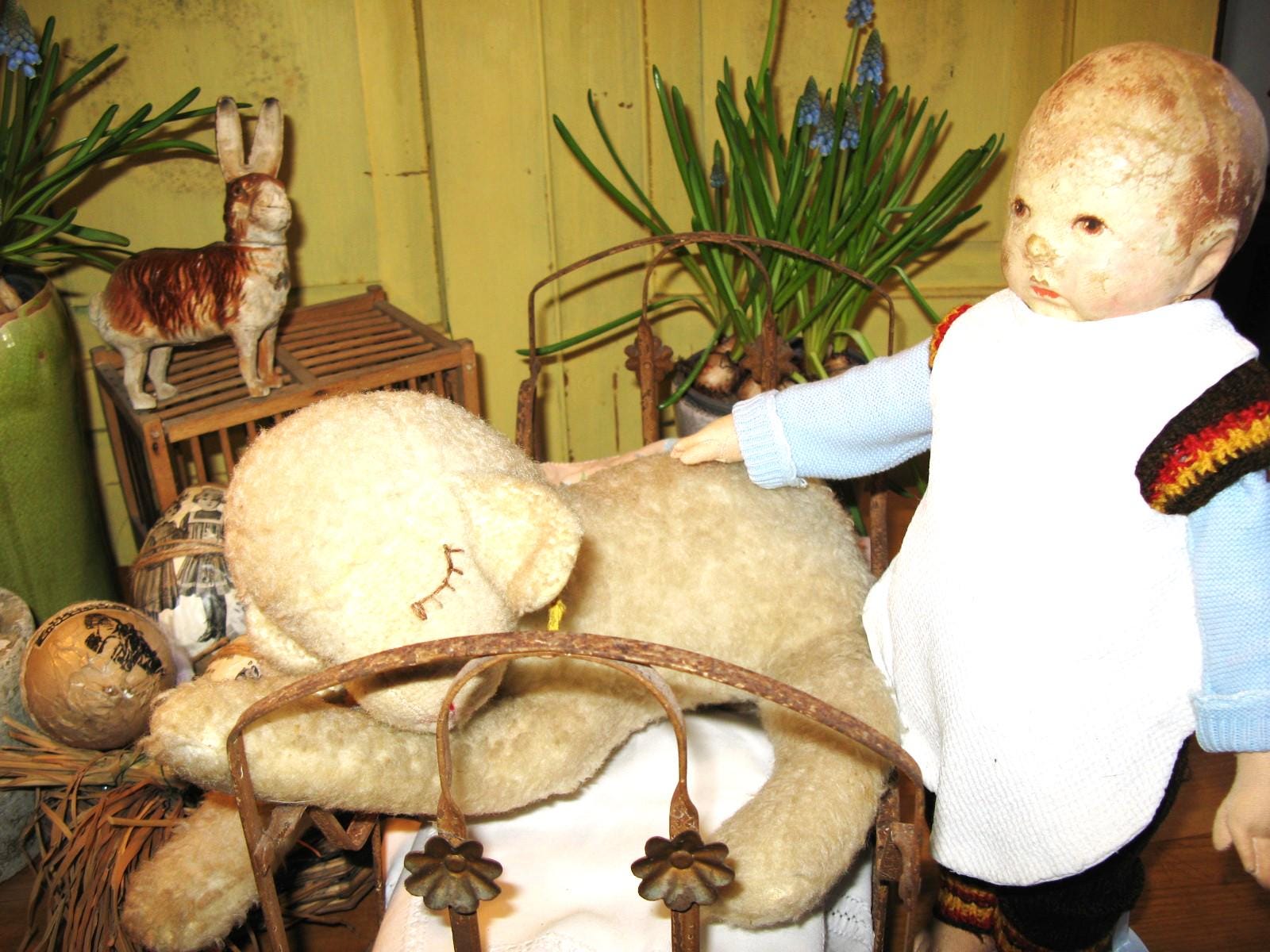 Vintage Easter lamb, Steiff lamb, shabby Easter decoration. Decoration for antique doll