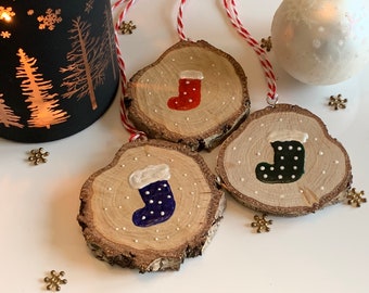 Rustic Natural Wood Slice Christmas Ornament - Stocking - Hanging Decoration / Tree Decoration