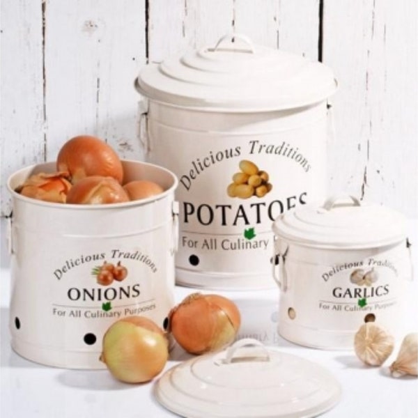 Free Shipping, Metal Food Storage Crocks. Set of 3-Onions, Potatoes and Garlic Kitchen storage Canisters