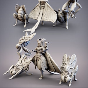 May include: A set of five 3D printed figurines depicting a moth-like creature with wings and a human-like figure with wings and horns. The figurines are painted in a light gray color and are posed in various positions.