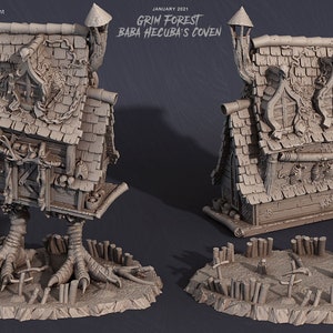 May include: A detailed 3D printed model of a witch's hut with a crooked roof, a chimney, and a door. The hut is perched on two spindly legs, each with three toes. The hut is surrounded by a fence made of wooden stakes. The model is painted in a light gray color.