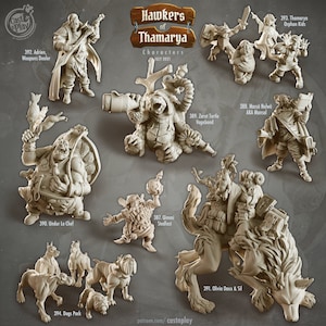 May include: A set of 10 unpainted miniature figurines depicting characters from the fantasy world of Thamarya. The miniatures are made of a light gray plastic and are ready to be painted. The characters include a weapons dealer, a chef, a turtle, a wolf, a dog pack, and more.