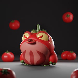 May include: A red and green tomato-shaped character with a closed mouth and large eyes. The character is surrounded by red tomatoes.