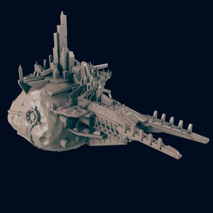 May include: A detailed model of a futuristic spaceship, constructed from a large asteroid with a city built on top. The spaceship has a long, thin, segmented arm extending out from the side.