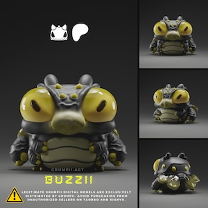 May include: A black and yellow 3D model of a cartoon bug with large eyes. The model is sitting on a gray background. The text "GRUMPII.ART" and "BUZZII" is displayed below the model. The text "LEGITIMATE GRUMPII DIGITAL MODELS ARE EXCLUSIVELY DISTRIBUTED BY GRUMPII. AVOID PURCHASING FROM UNAUTHORIZED SELLERS ON TAOBAO AND XIANYU." is displayed below the text.