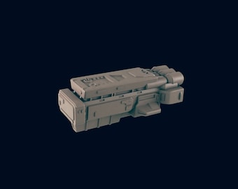 May include: A gray 3D printed model of a futuristic spaceship with a detailed design. The spaceship has a rectangular body with a flat top and a pointed nose. It has several small windows and a series of small engines on the back.