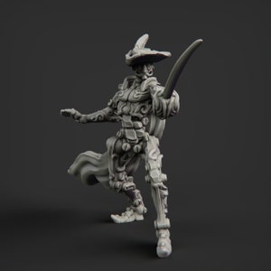 May include: A gray, detailed, miniature figurine of a figure wearing a hat and holding a sword. The figure is posed in a dynamic stance with one leg raised and the other leg bent. The figure is wearing a cloak and has a detailed, ornate design.