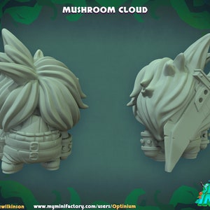 May include: A 3D printed miniature of a mushroom character with a sword and a cloud-like head. The character is painted in a light gray color. The miniature is part of the "Shroomie Invasion" series.
