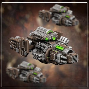 May include: A detailed model of a futuristic spaceship with a silver and brown color scheme. The spaceship has multiple engines and a large, detailed cockpit.
