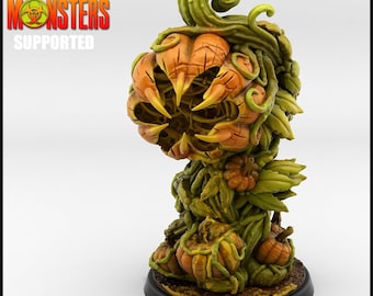 May include: A 3D printed miniature of a pumpkin monster with a green vine body and orange pumpkin head. The monster has sharp teeth and claws. The miniature is printed on a black base.