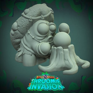 May include: A gray 3D printed figurine of a mushroom character wearing a hat and holding a sphere. The character is sitting on a tree stump with roots. The text "Epics N' Stuffies Shroomie Invasion" is visible at the bottom of the image.