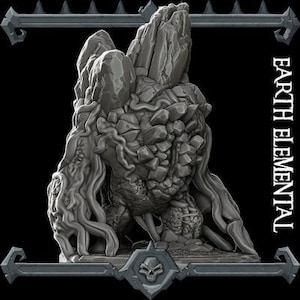 May include: A gray, stone-like creature with a rocky, textured surface and long, vine-like appendages. The creature is standing on a base with the text "EARTH ELEMENTAL" printed on the side.