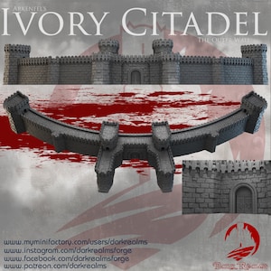 May include: A detailed, gray-toned model of a fortress wall, featuring crenelated battlements and arched doorways. The text "IVORY CITADEL" and "THE OUTER WALL" are displayed at the top. The bottom of the image includes website addresses and a logo.