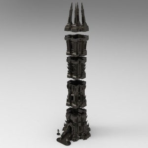 May include: A black, gothic-style tower model, assembled in five sections, with a pointed spire and intricate details.