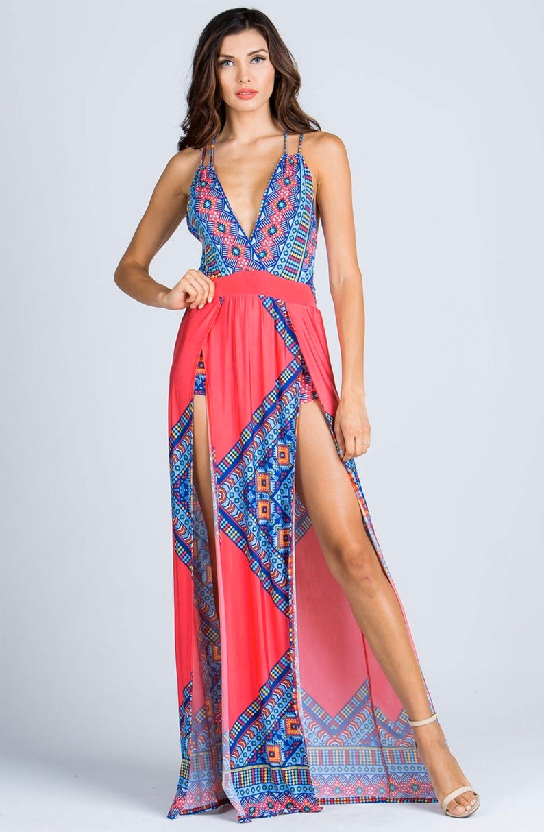 Maxi Pink Print Dress With Panel Openingmaxi Dresslong Maxi - Etsy
