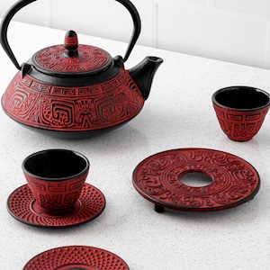 Cast Iron Teapot Set Red
