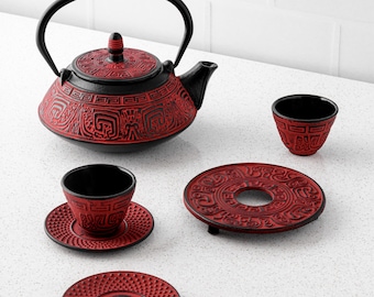 Cast Iron Teapot Set Red
