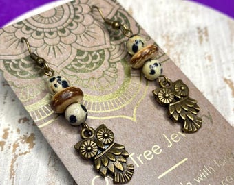 Dalmatian Jasper Owl Earrings