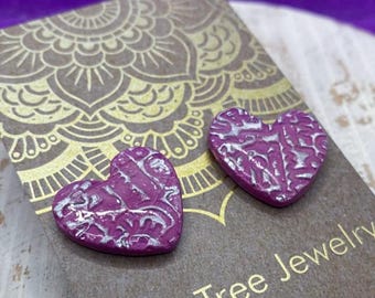 Embossed Heart Clay Stud Earrings