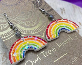 Rainbow Glitter Iridescent Clay Earrings
