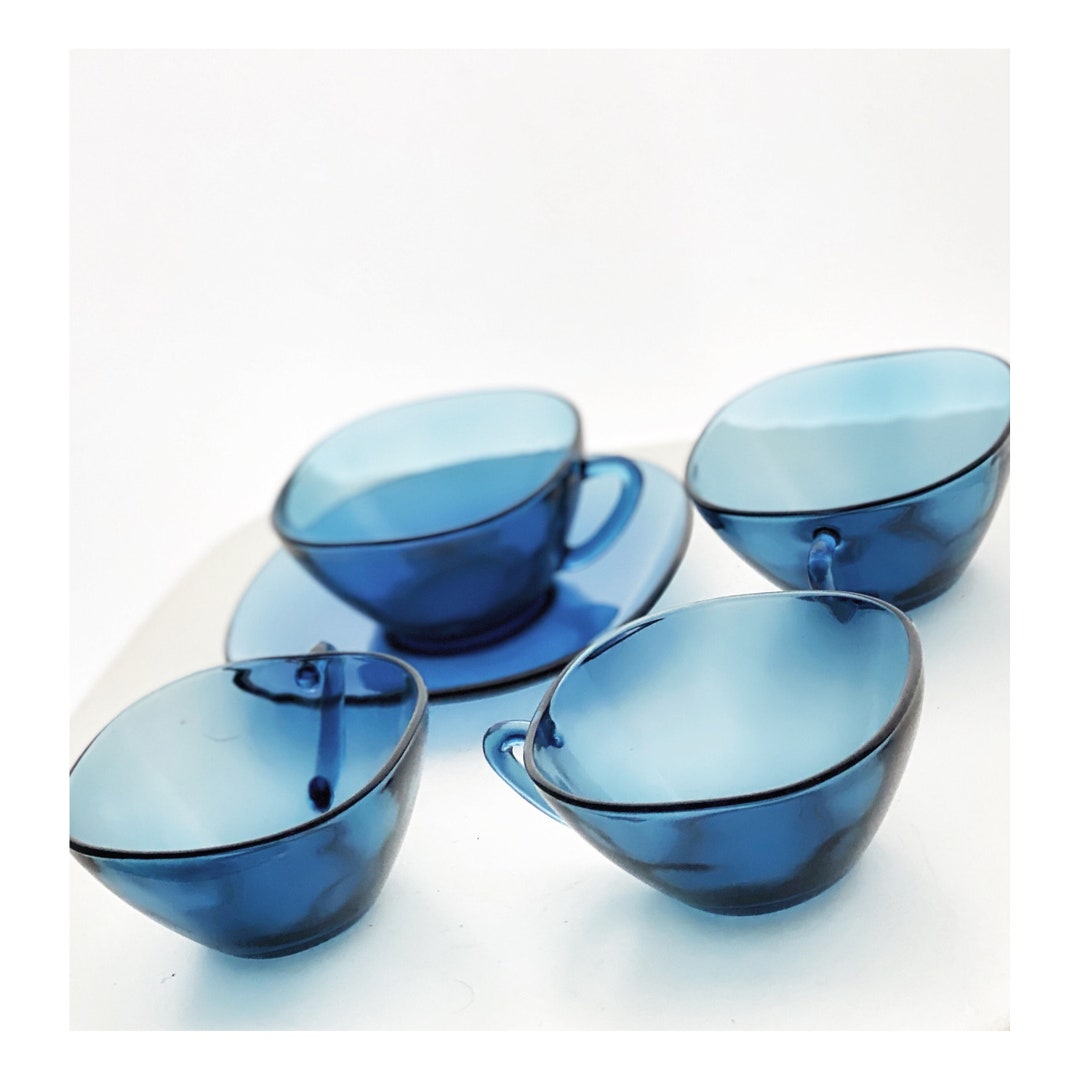 6 Vintage Midcentury Blue Glass Coffee Cups and Saucers by French Brand