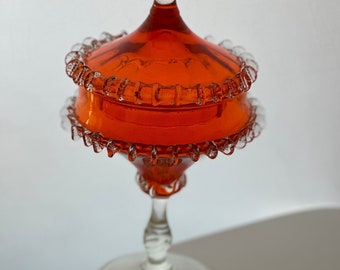 1960s Mid-Century italienischer Empoli Glas mit orangefarbenem Überfang Glas mit Deckel Kompott Konfekt Schale Midcentury