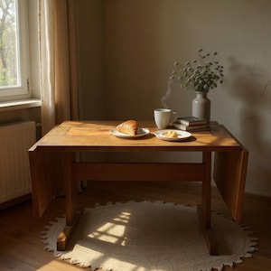 Op de afbeelding: Een houten klaptafel met een croissant en een kop koffie erop. Een kleine vaas met bloemen en een stapel boeken staan ook op de tafel. Onder de tafel ligt een rond tapijt en op de achtergrond is een raam te zien.