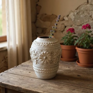May include: A cream-coloured, decorative vase with a floral design and a dark brown interior. The vase is on a rustic wooden table, with a sprig of lavender inside. The vase is approximately 25 cm tall.