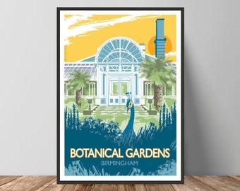 Może przedstawiać: Oprawiony wydruk przedstawiający Ogród Botaniczny w Birmingham. Ilustracja przedstawia pawia, szklane konserwatorium i palmy na tle żółto-niebieskiego nieba. Tekst na dole brzmi "Botanical Gardens Birmingham."