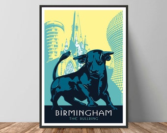 Może przedstawiać: Plakat w stylu vintage z czarną sylwetką byka przed żółtym i niebieskim panoramą miasta. Tekst "Birmingham The Bullring" znajduje się na dole plakatu.