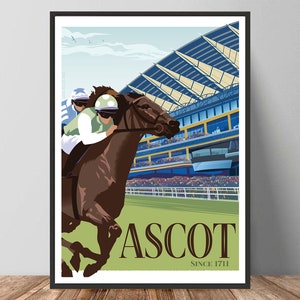 May include: A framed poster featuring a horse race at Ascot. The illustration shows a brown horse with a jockey in green and white racing attire. The grandstand is in the background, and the poster reads "ASCOT SINCE 1711."