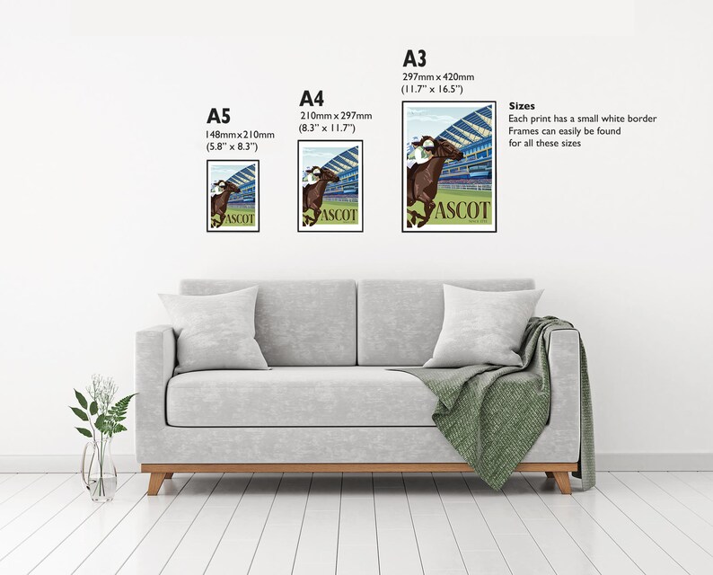 May include: Three framed prints of a horse racing scene at Ascot. The prints are labeled A5 (5.8" x 8.3"), A4 (8.3" x 11.7"), and A3 (11.7" x 16.5"). Each print features a brown horse and the word "ASCOT".